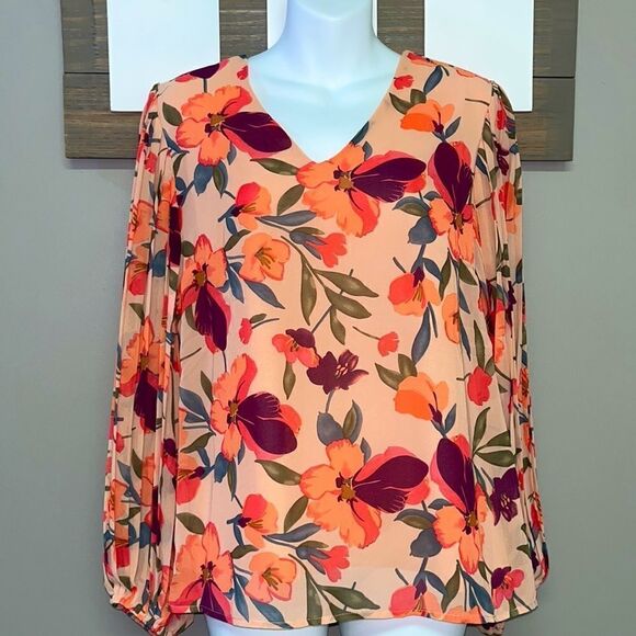 Ontwelfth Floral Blouse with Accordion Bubble Sleeves- Medium - Picture 1 of 8